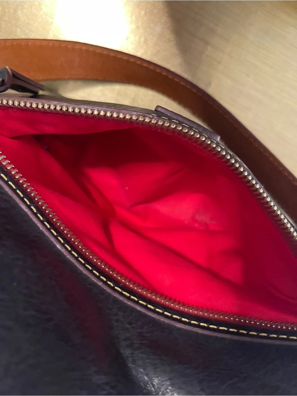 Dooney & Bourke Dark Brown Leather Hobo with Red Zip and Tan Strap
